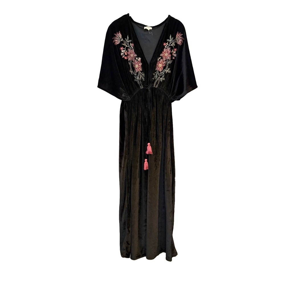 WORLD MARKET Velvet Embroidered Maxi Dress S/M Black Dolman Sleeve Tassels Goth